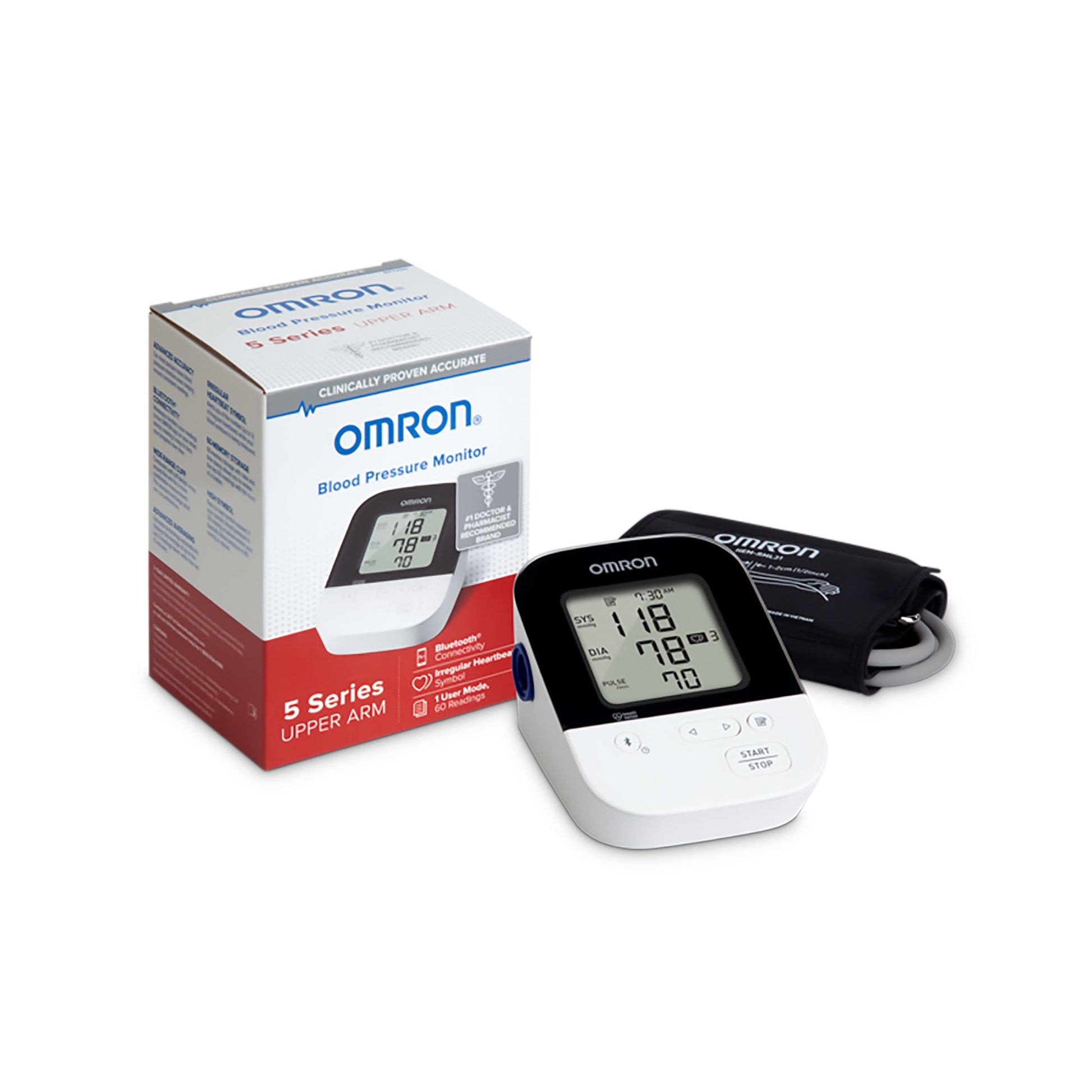 omron 5 series upper arm blood pressure monitor. White monitor with a large display with systolic, diastolic and pulse readings.