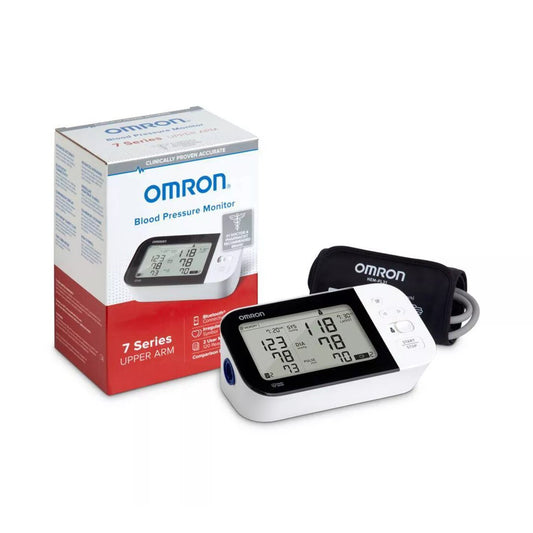 Omron 7 series upper arm. White blood pressure monitor with a large display of measurement readings.