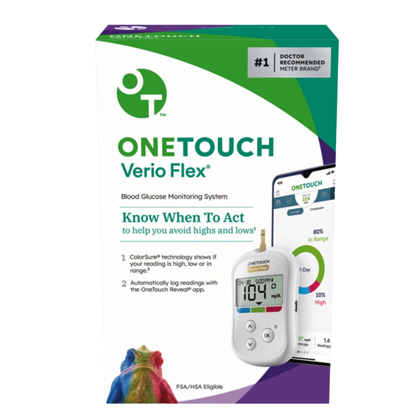 Onetouch Verio Flex Blood Glucose Monitoring System Box. Box includes One touch Verio Flex Meter (Batteries Included) OneTouch Delica Plus lancing device 10 Sterile lancets