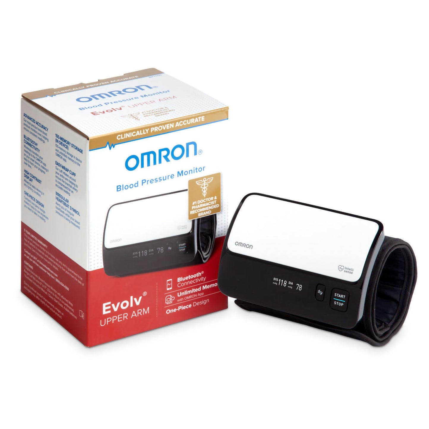 Omron Evolv upper arm automatic blood pressure monitor features a circular cuff that fits around the arm, with the screen integrated into the cuff.