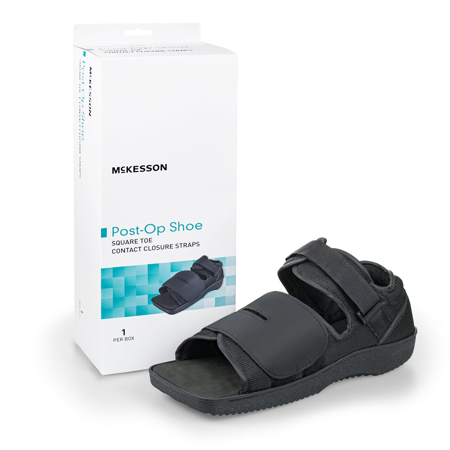 black shoes with Velcro for adjustability. Post-op shoe square toe, black.