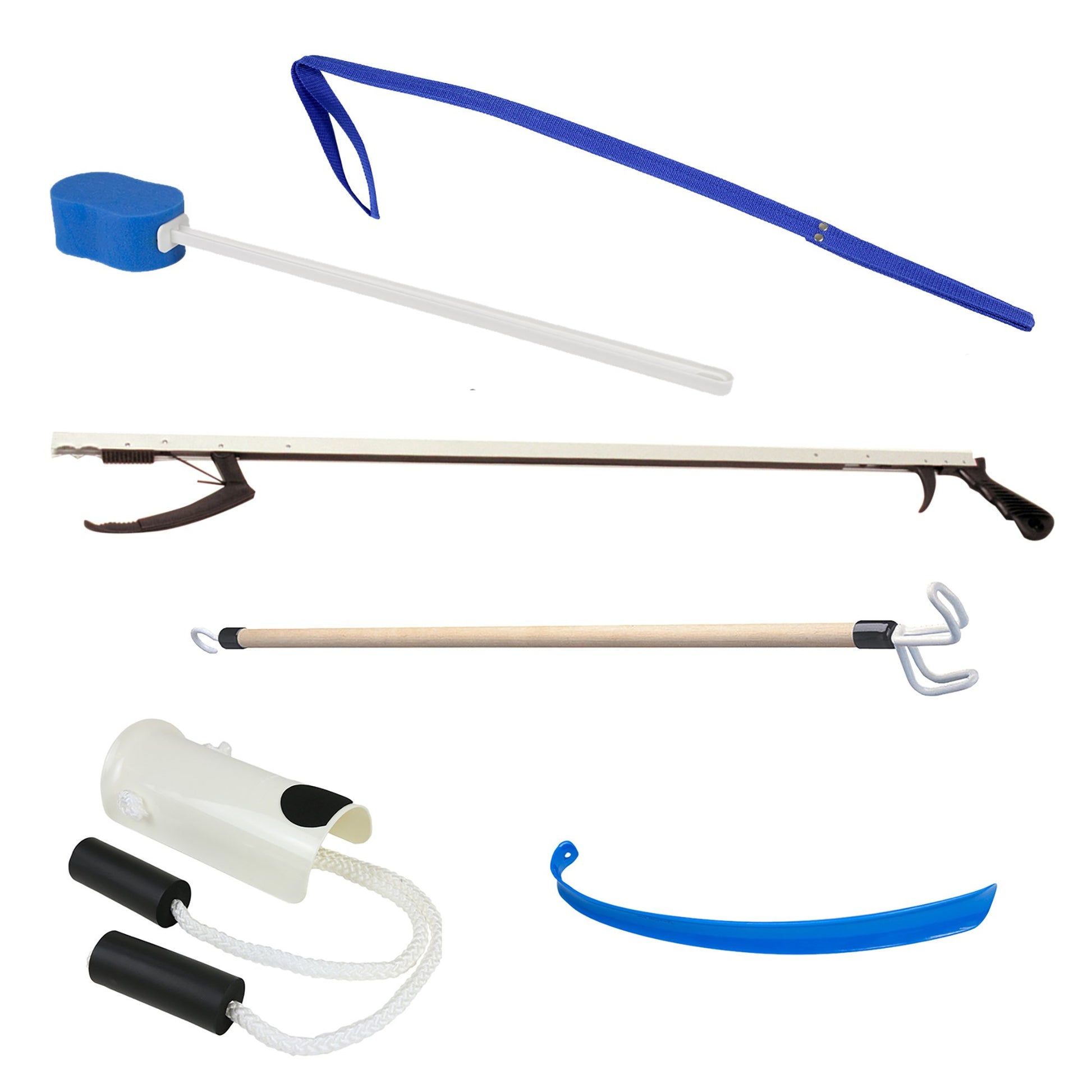 ADL kit includes 32" length reacher, sock aid, a 18" length plastic shoe horn, a contoured sponge, 24" length dressing stick, and a 32" length leg lifter