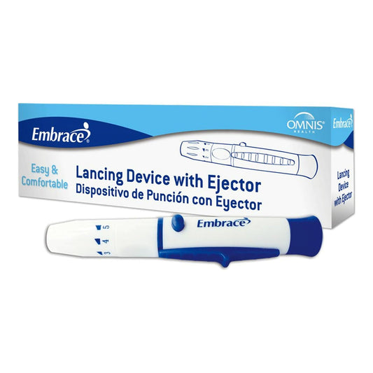 Embrace lancing device with ejector. Black and blue lancing device with adjustable poke depth