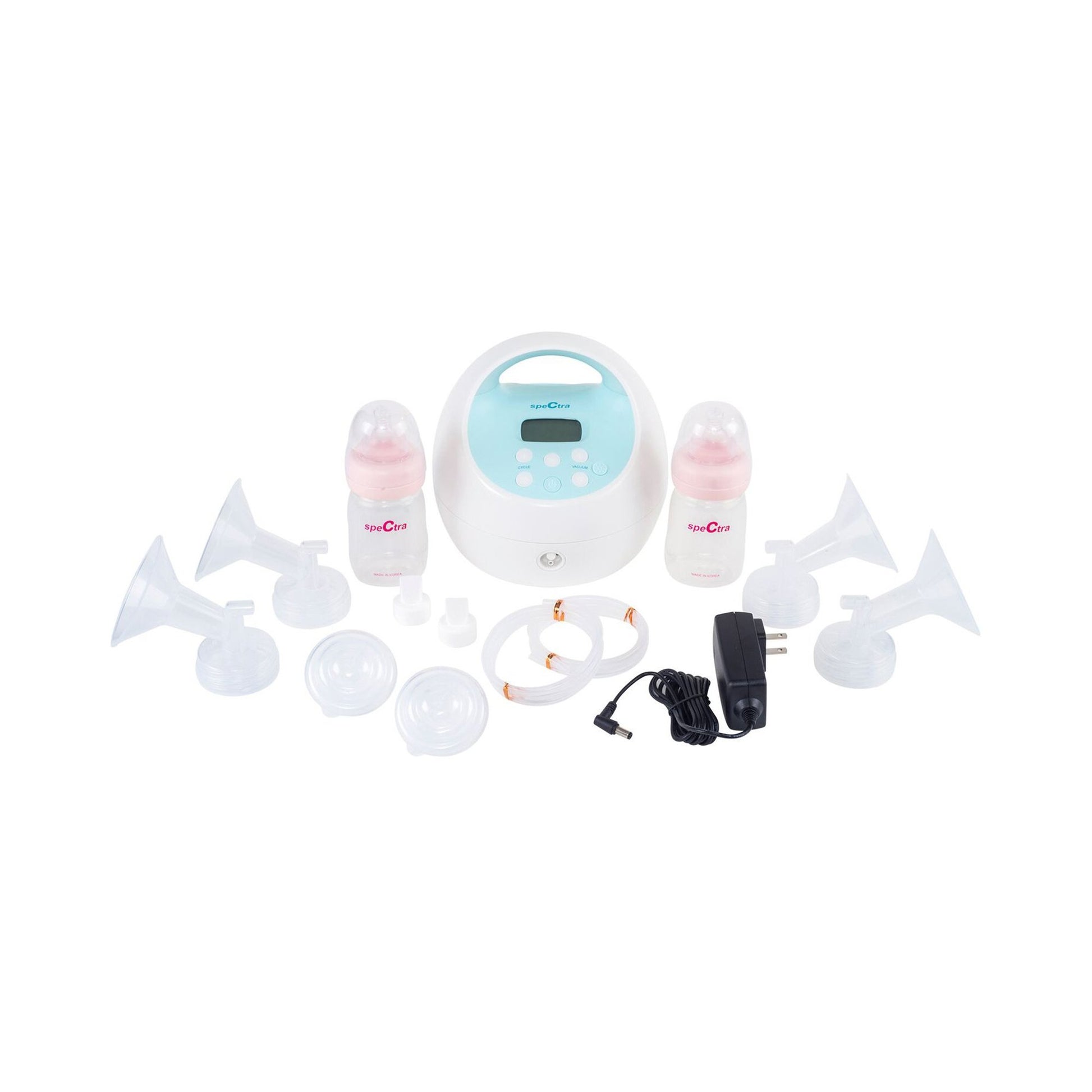 breast pump with bottles, flanges, tubing, ac adapter charger