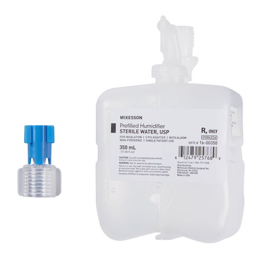 a bottle of mckesson prefilled humidifier sterile water. Includes adapter to connect to oxygen concentrator