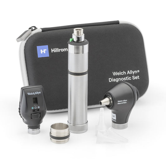 portable traveling kit LED Welch Allyn. Black case with base that can be converted into otoscope or ophalmoscope.