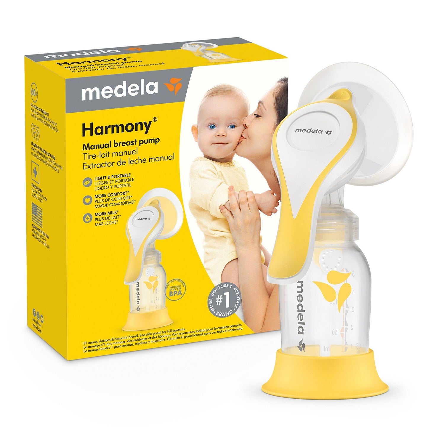 Medela harmony manual breast pump with stabilizer base, bottle, flange and pump handle