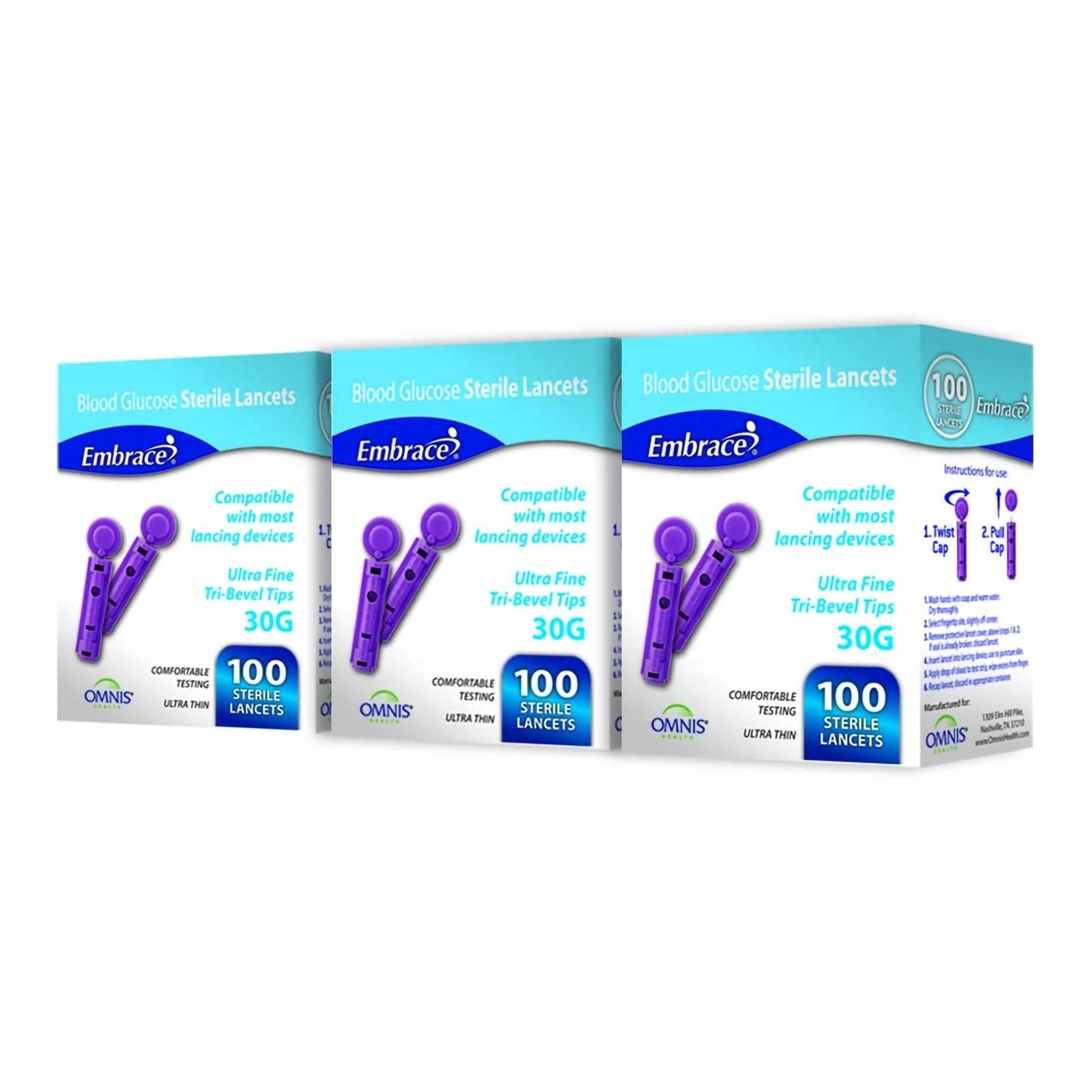 3 boxes side by side - embrace ultra fine tri-bevel tips 30G blood glucose test strips for lancing device.