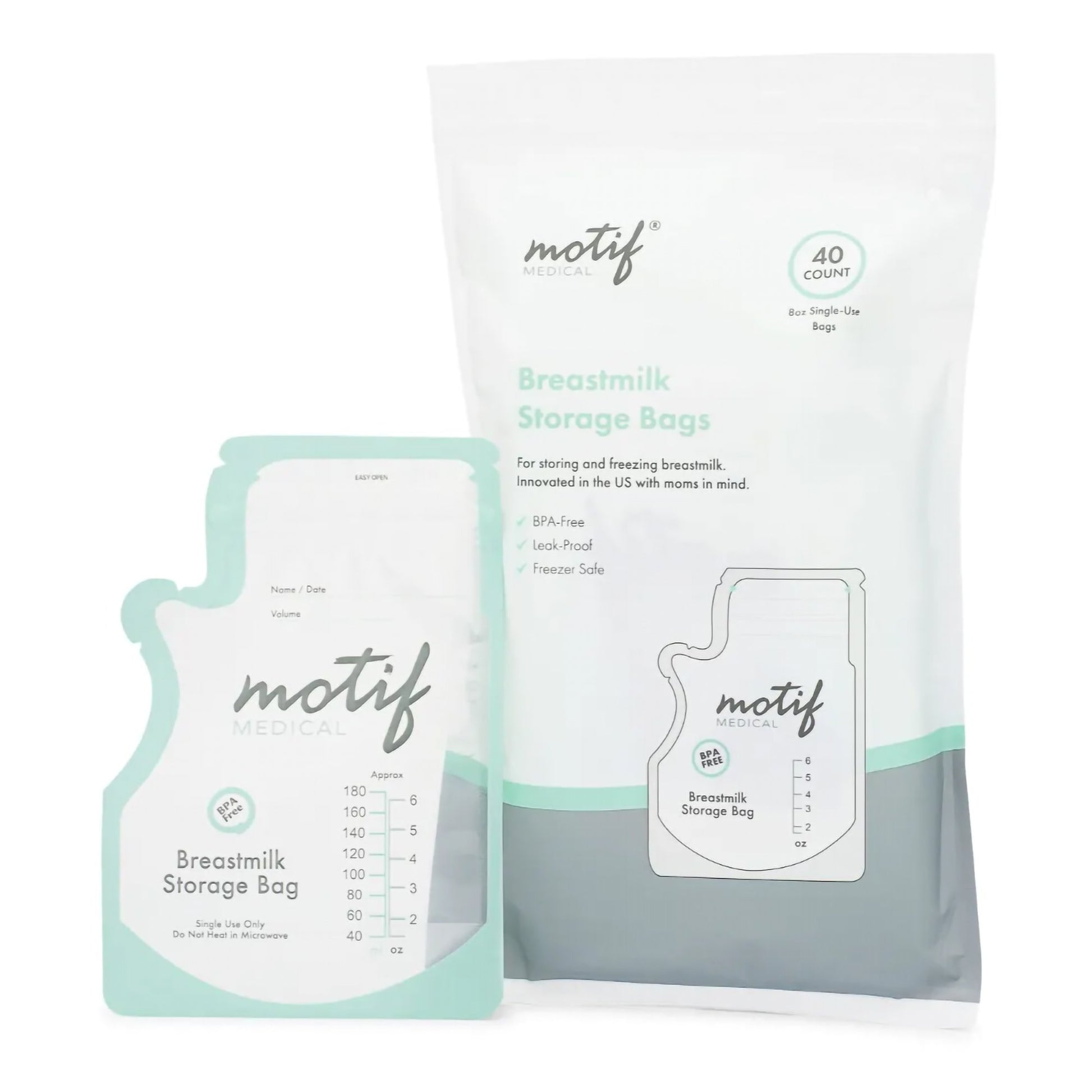 Motif Breast Milk Storage Bags come in a pack of 40. Easy tear design for convenient pouring.