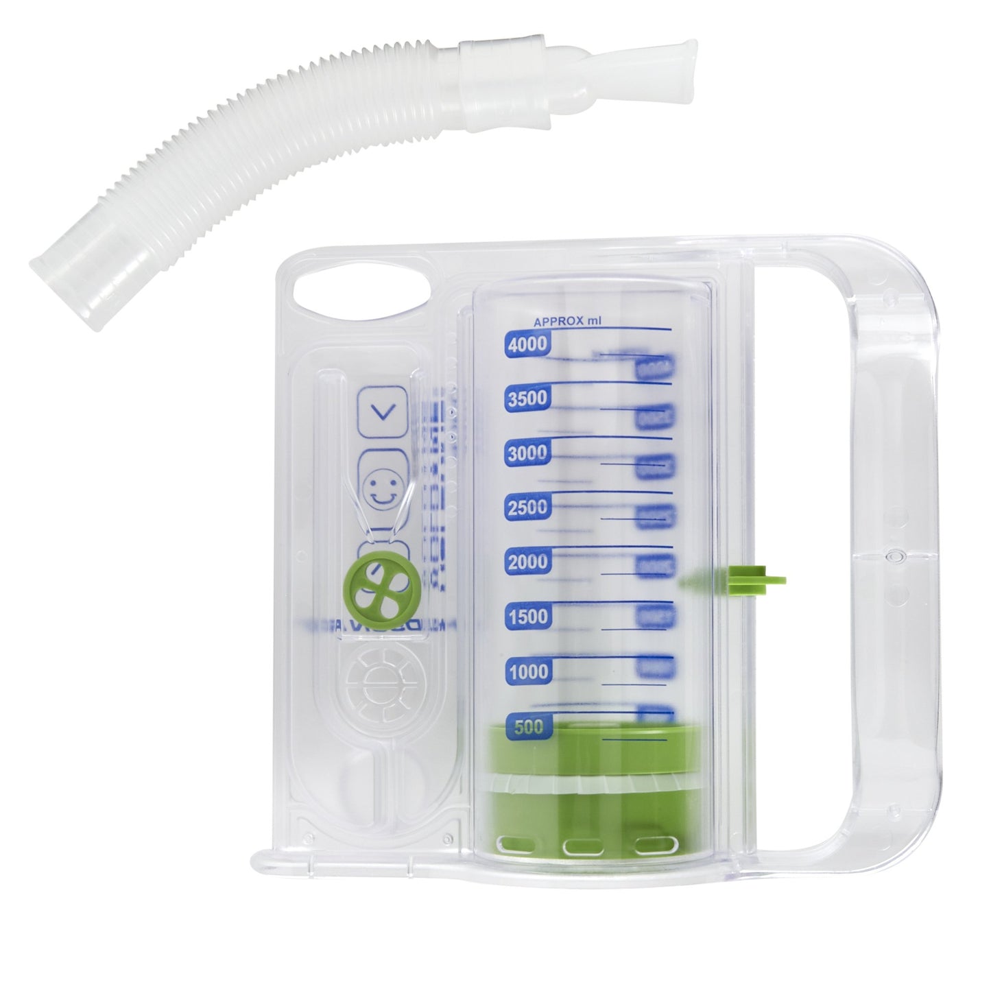 incentive spirometer with increment markings up to 4000ml. Has a handle. Flow indicator with a smiley face