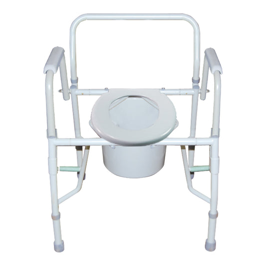 Commode system with backrest, toilet seat, commode bucket, armrest, non-skid leg tips.