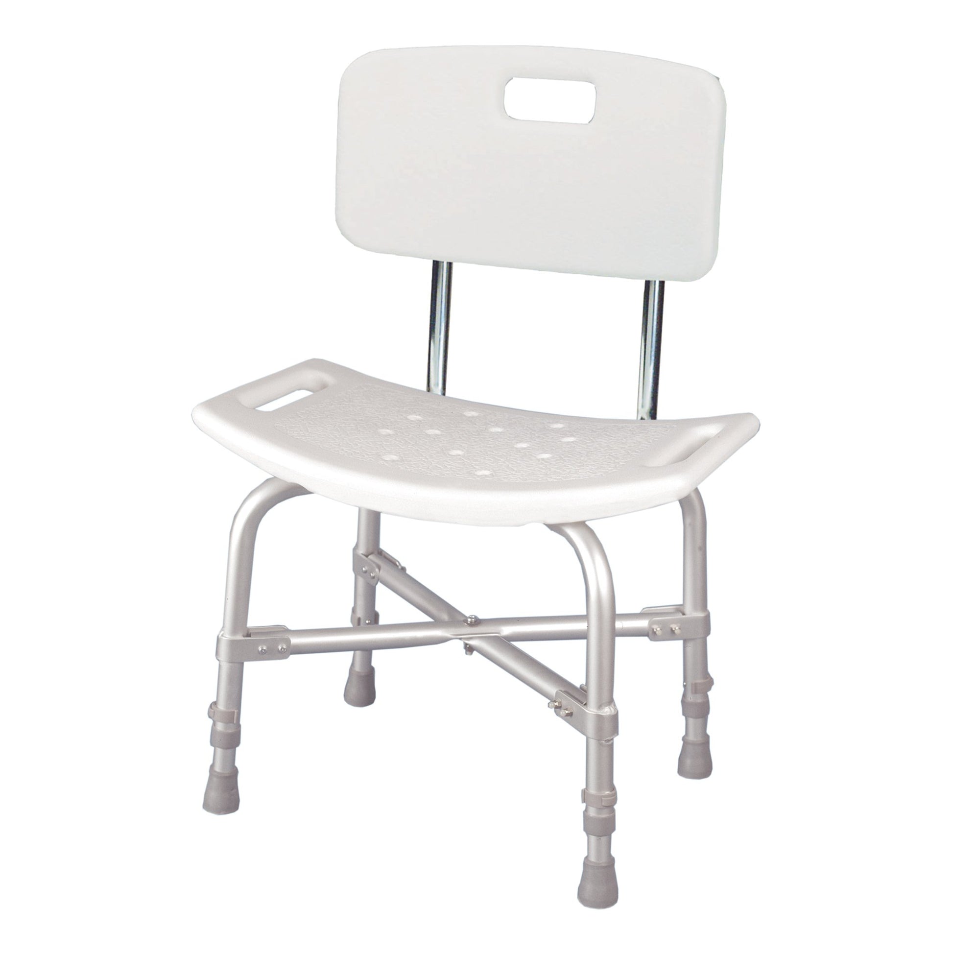 White bath bench with aluminum frame. Removable backrest. Height adjustable. Drain holes for slip resistant and easy cleaning. Ergonomic, curved seat for comfort. Slip-resistant tips.