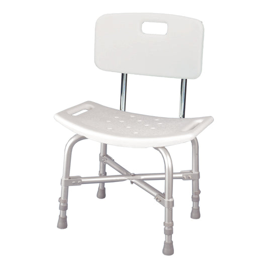 White bath bench with aluminum frame. Removable backrest. Height adjustable. Drain holes for slip resistant and easy cleaning. Ergonomic, curved seat for comfort. Slip-resistant tips.