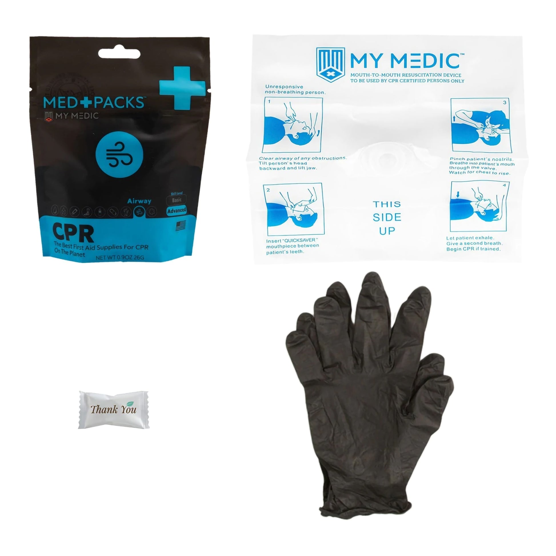 first aid kit with mint, gloves and CPR shield