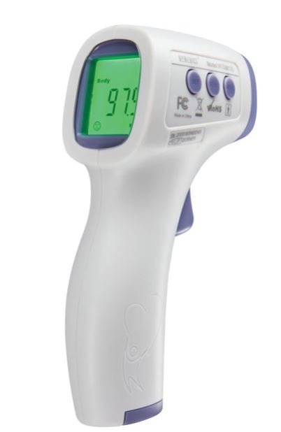 Forehead thermometer with a displayed screen, button settings on the side and a push button to measure temperature on the front