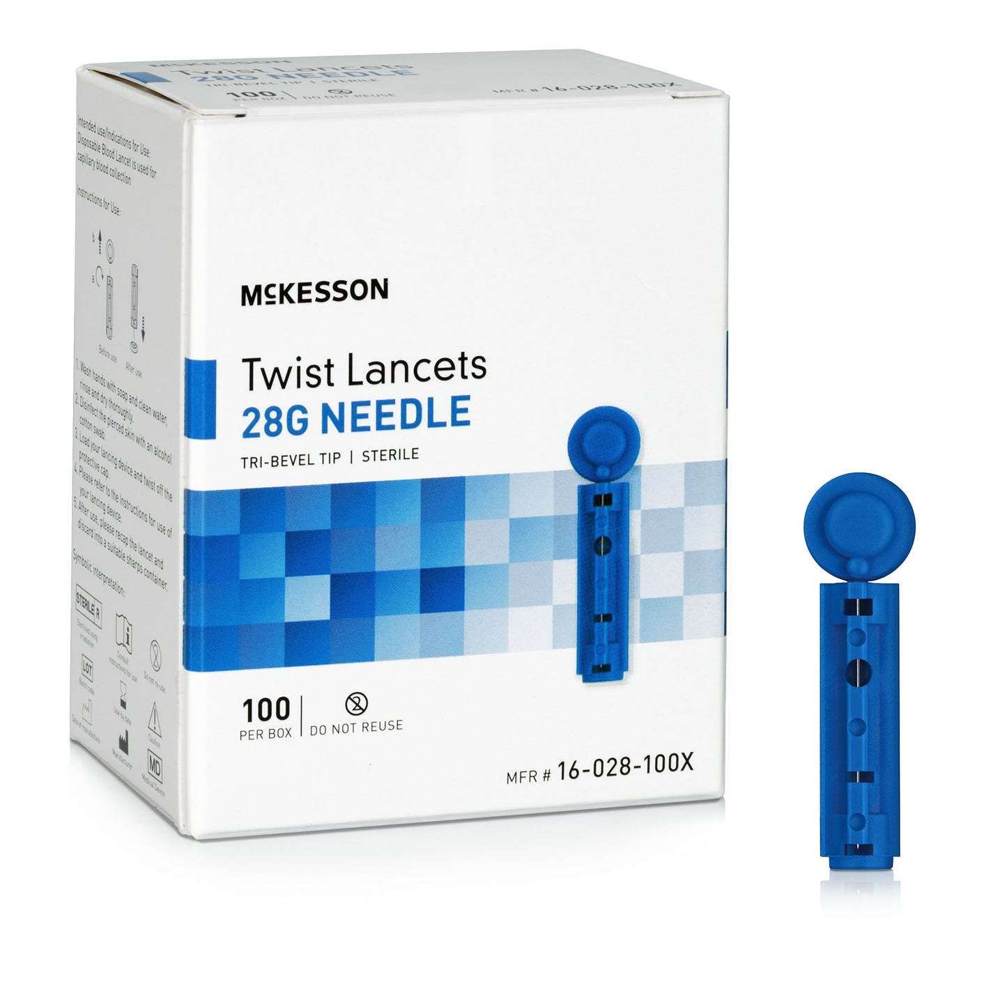 blue lancet, 28g needle. tri-bevel tip. sterile. Twist off style.