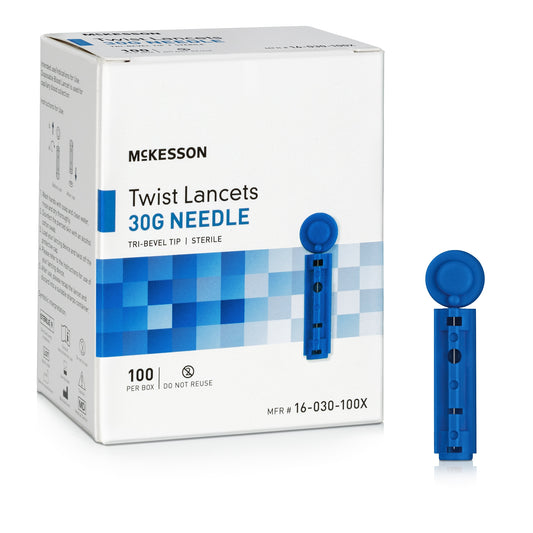 blue lancet, 30g needle. tri-bevel tip. sterile. Twist off style.