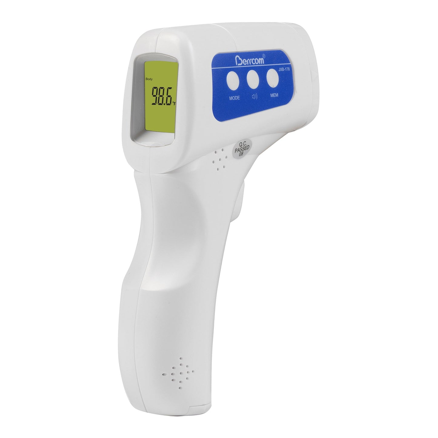 Veridian Derrcom Forehead thermometer with a displayed screen, button settings on the side and a push button to measure temperature on the front