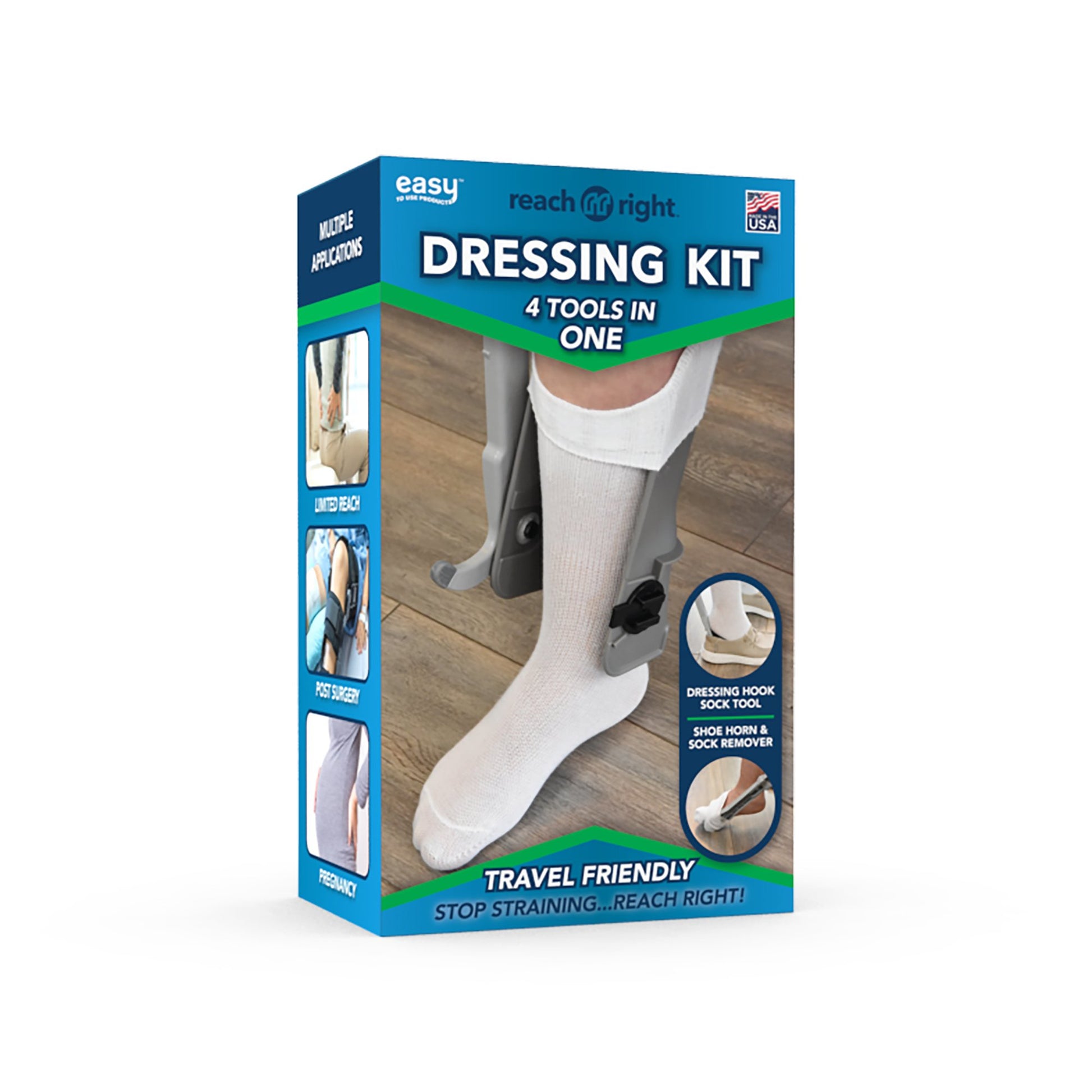 a box of reach right dressing kit 4 tools in one travel friendly