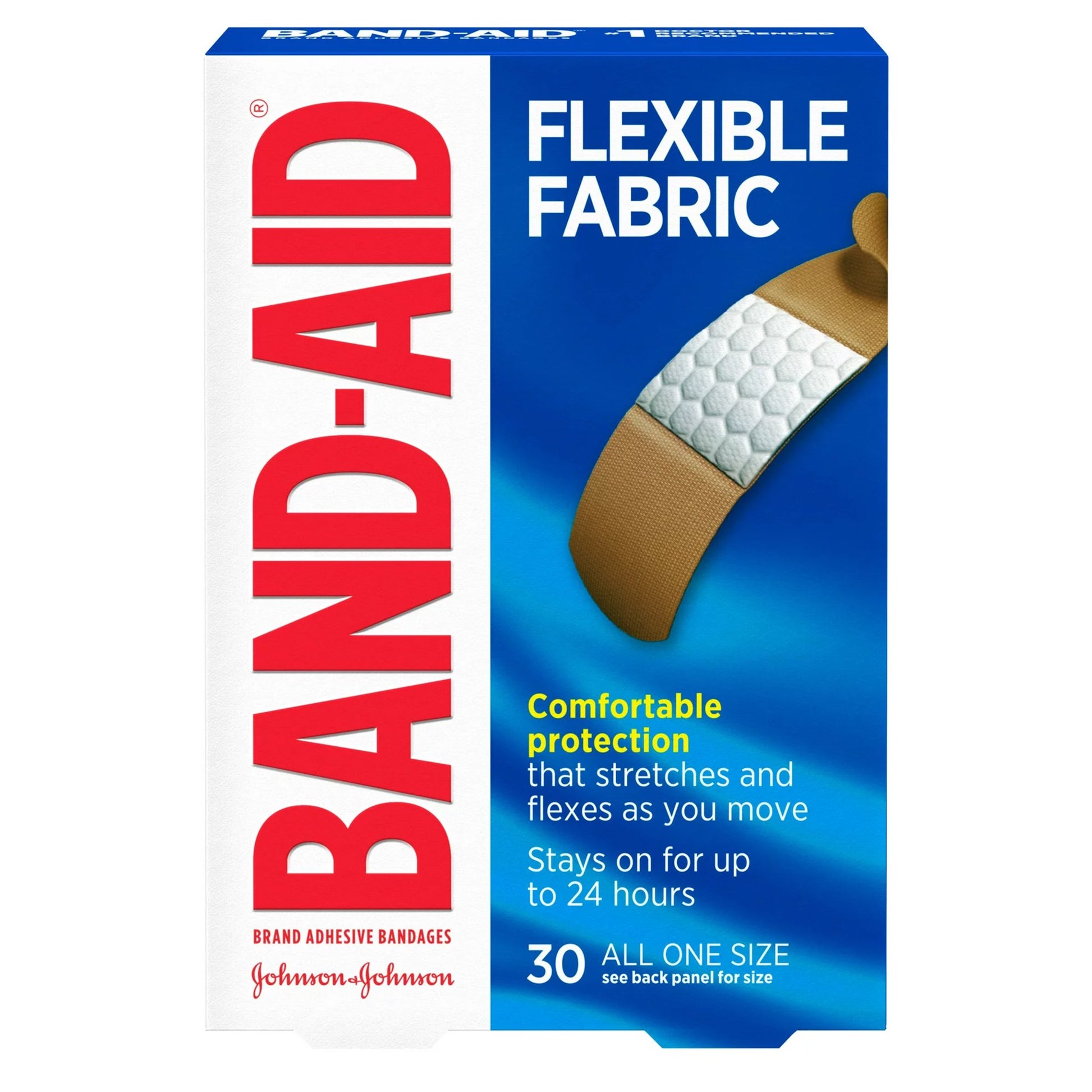 flexible fabric band-aid comfortable flexible stays on for up to 24 hours 3/4inx3in