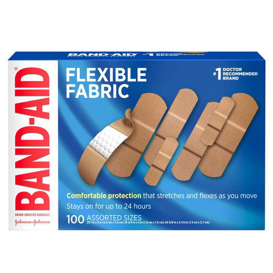 flexible fabric band-aid, comfortable protection, stretches and flexes as you move. 100 assorted sizes.