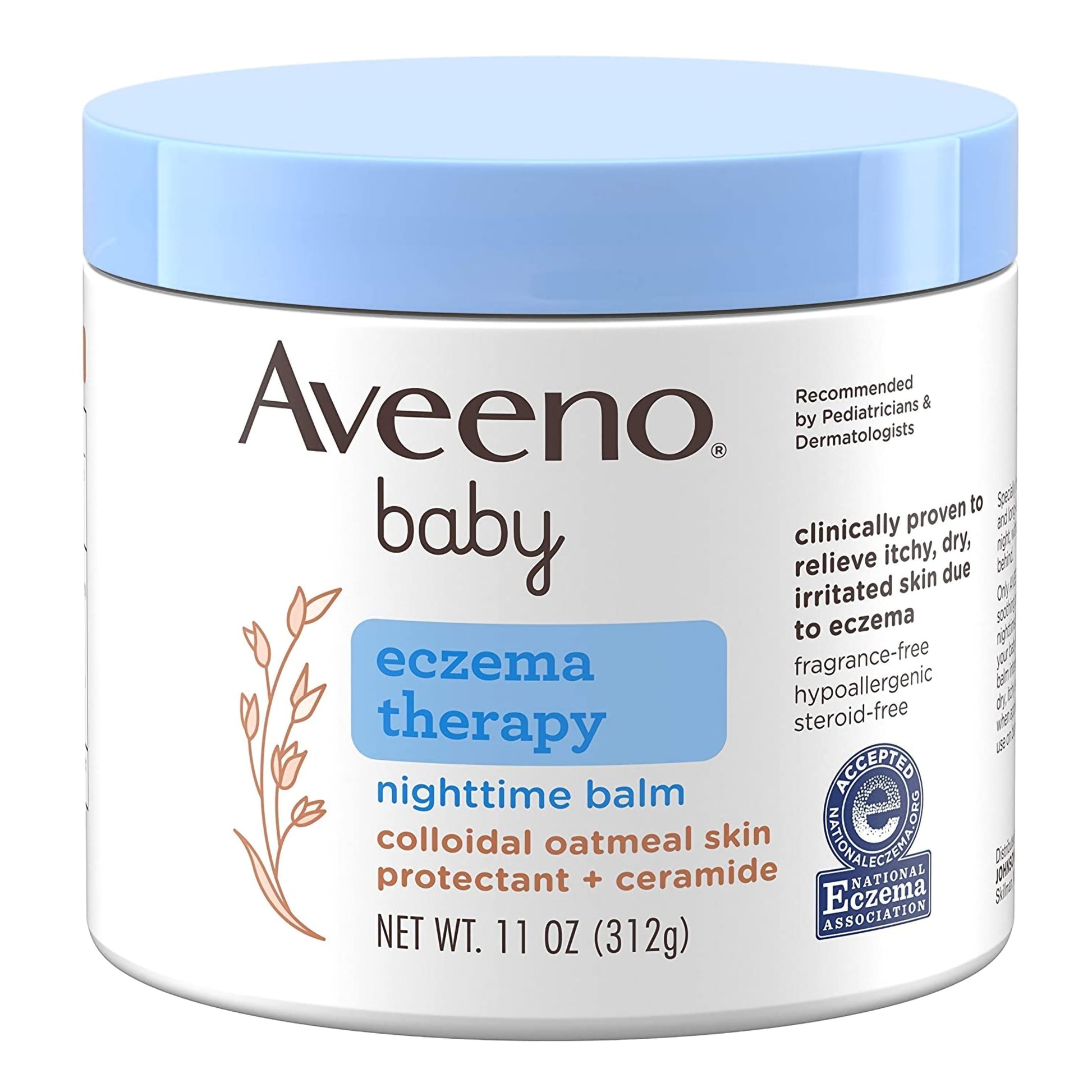 a jar of aveeno baby eczema therapy nighttime balm. 11 oz.