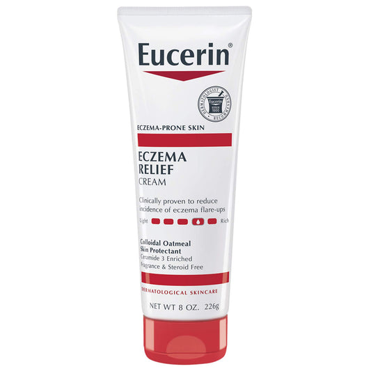 a tube of Eucerin eczema-prone skin relief cream. 8oz