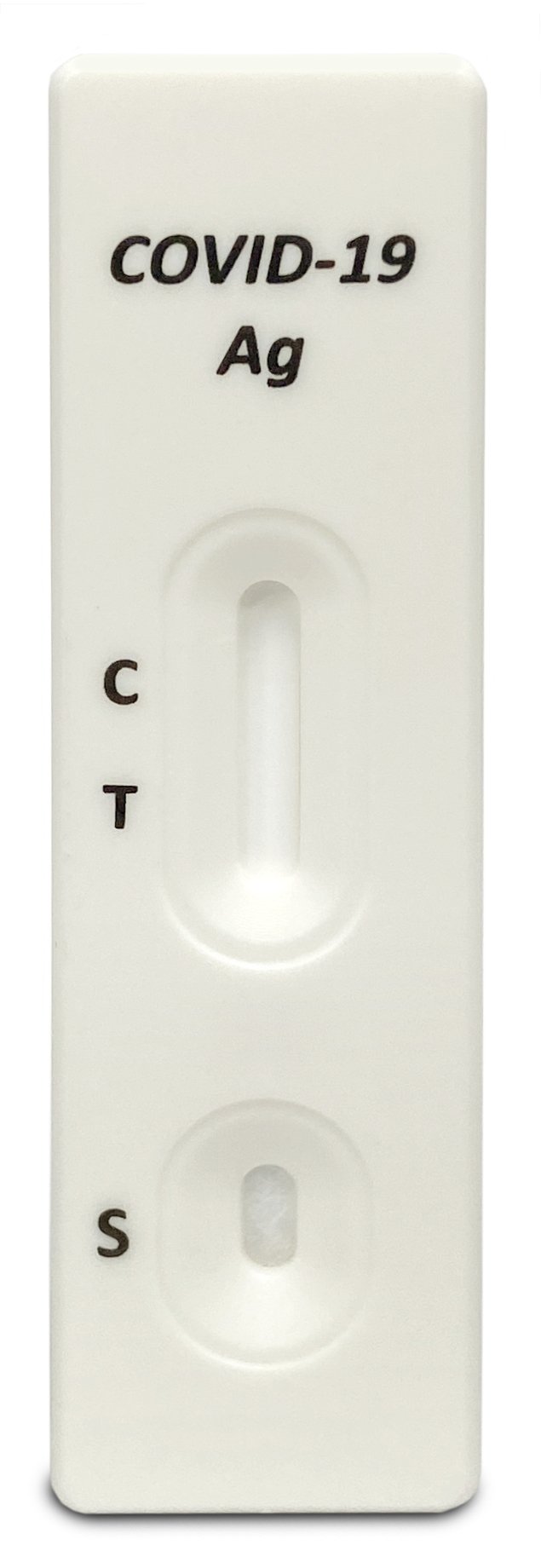 A white-color covid-19 Ag test with a window for fluid collection and another window for result.