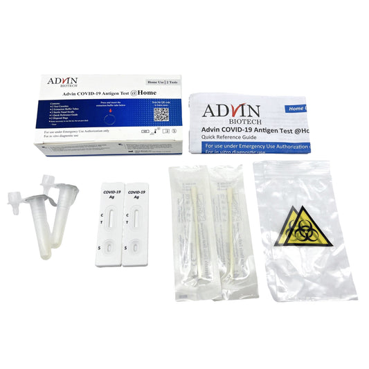 advin biotech advin covid-19 antigen test. Kit comes with cotton tip, covid-19 ag, fluid specimen container and a biohazard bag