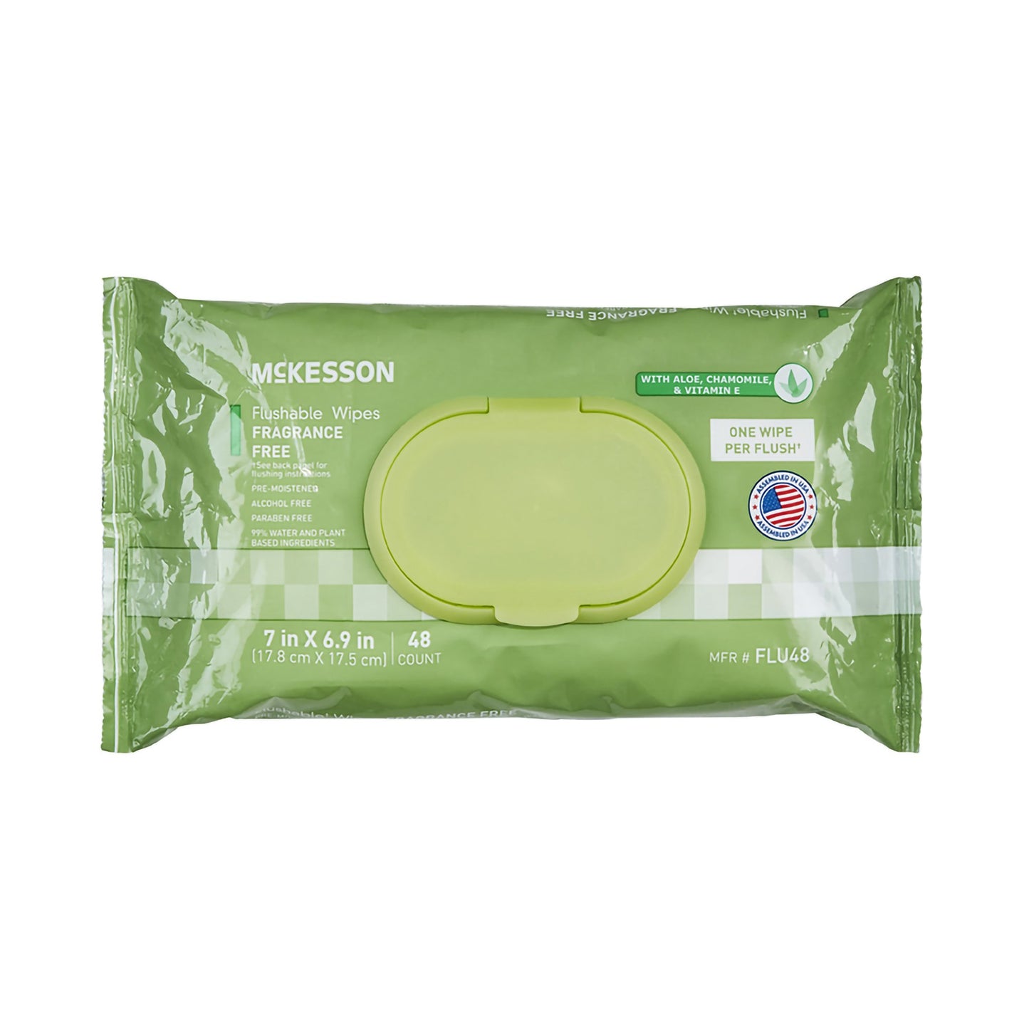 A pack of mckesson flushable wipes with resealable lid. 7 in x 6.89 in. 48 count per pack