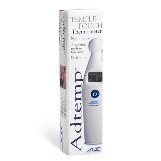 temple touch adc Adtemp thermometer with a blue power button at the front