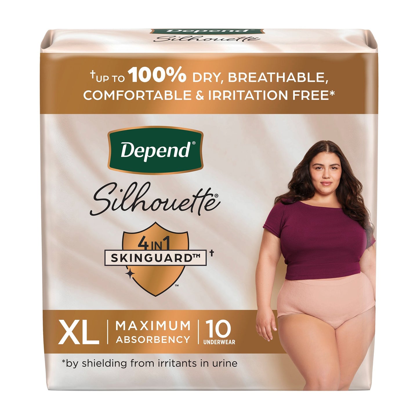 depend silhouette heavy absorbency XL. 10 underwear per bag.