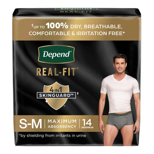 depend real-fit maximum absorbency. 14 underwear per bag. Small-Medium.