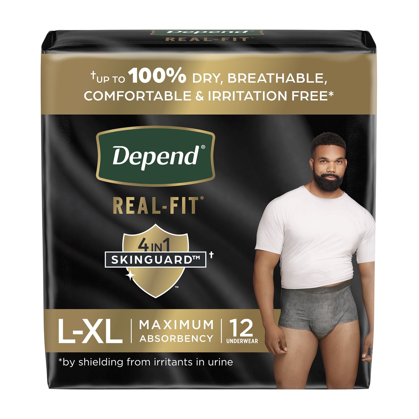 depend real-fit maximum absorbency. L-XL. 12 underwear per box.