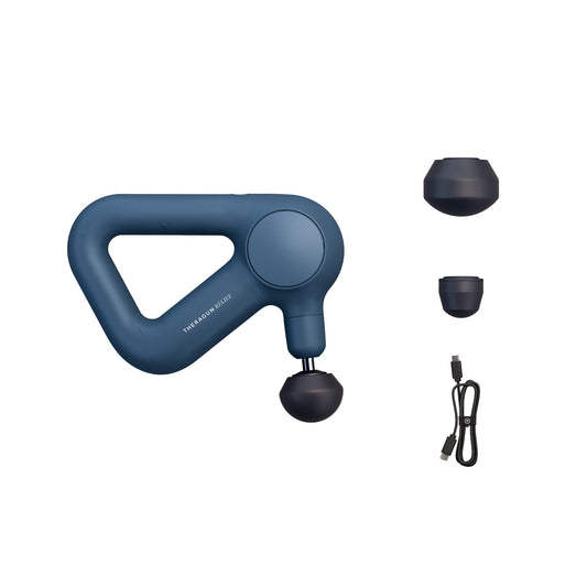 Hand-held therabody massager with 3 different types of massage attachments and a USB-C charger cord