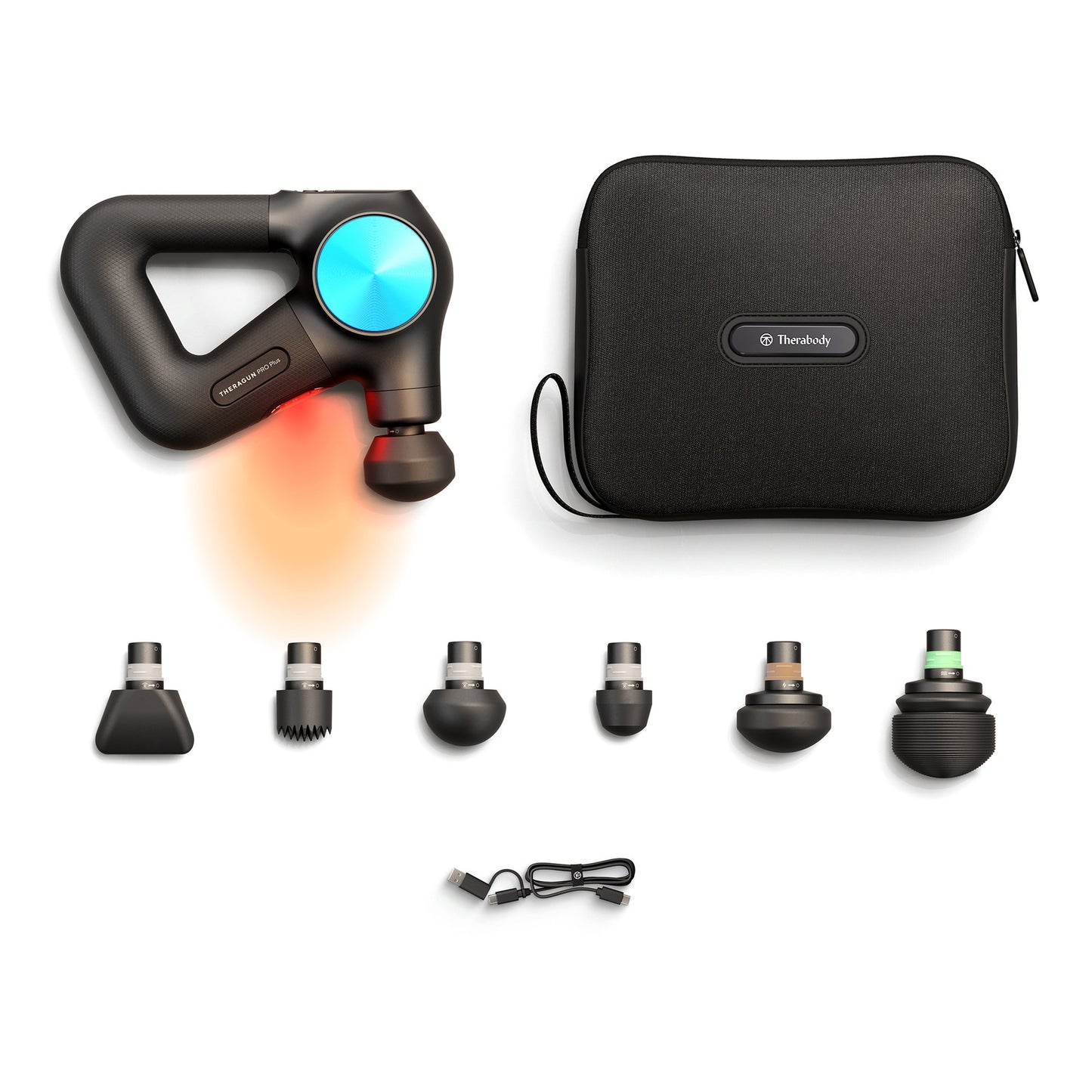 A therabody handheld massager with a case and different styles of massage attachments.