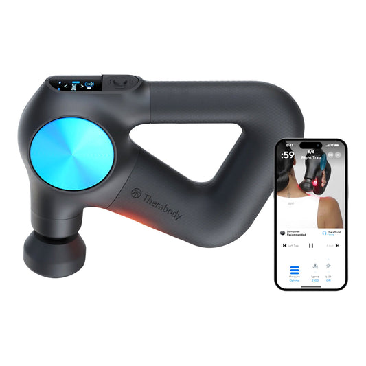 therabody massager with a picture of a phone next to it indicating it is bluetooth capable