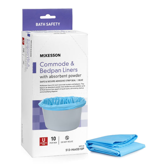 Mckesson commode & bedpan liners box with a blue folded commode liner.