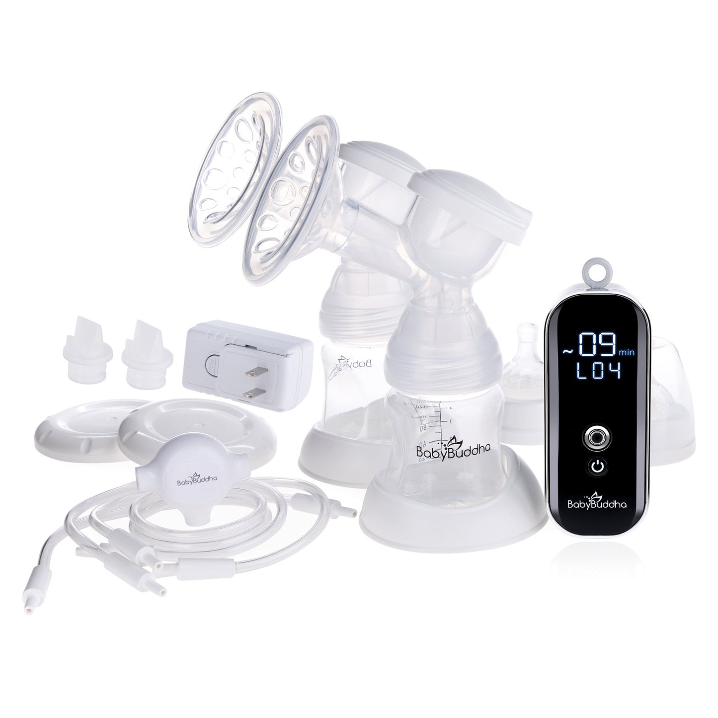 BabyBuddha Pump SYstem with 2 milk collection bottles, 2 flanges, tubing, charger.