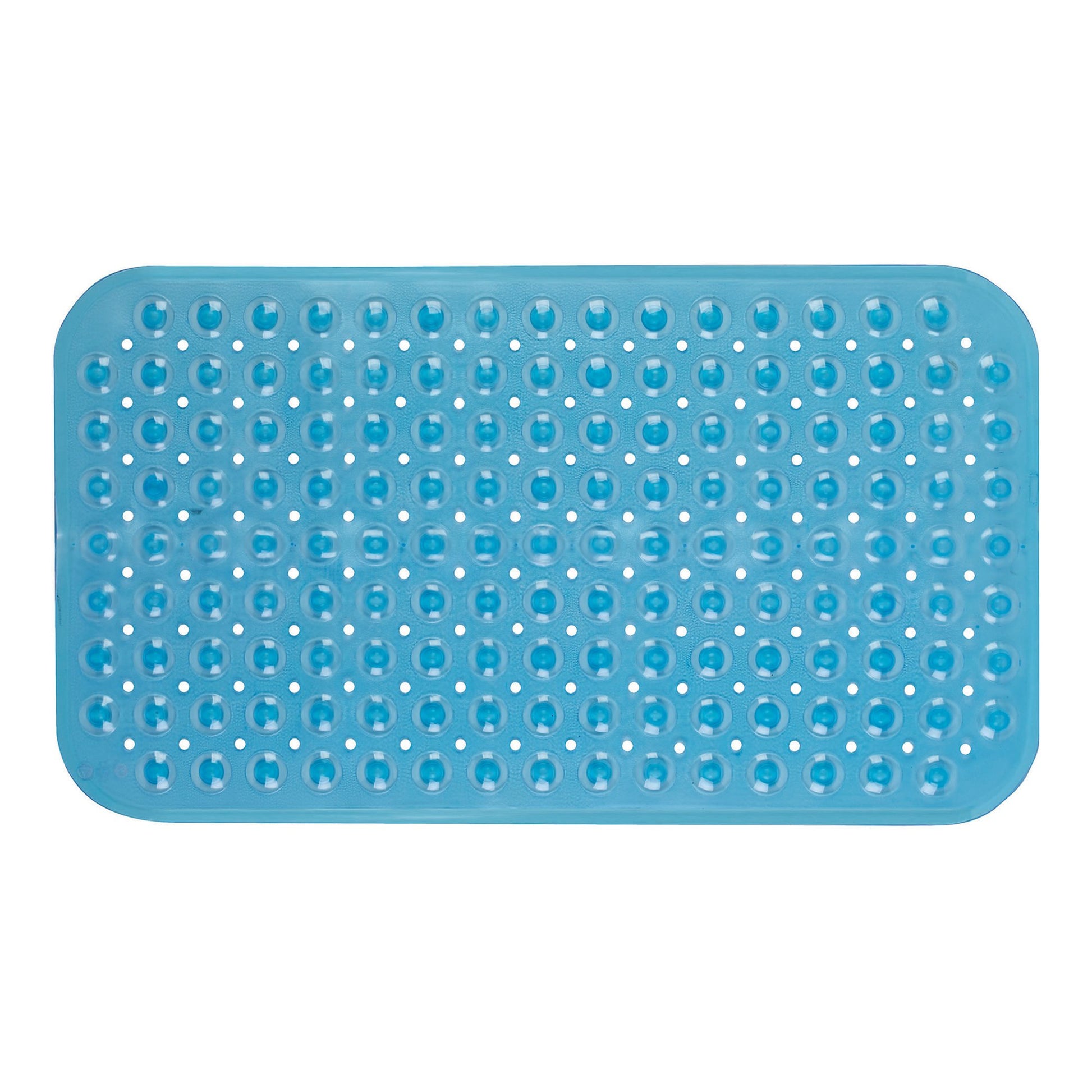 Blue bathtub mat. Textured surface. Drainage holes throughout mat surface. Secure suction grip.