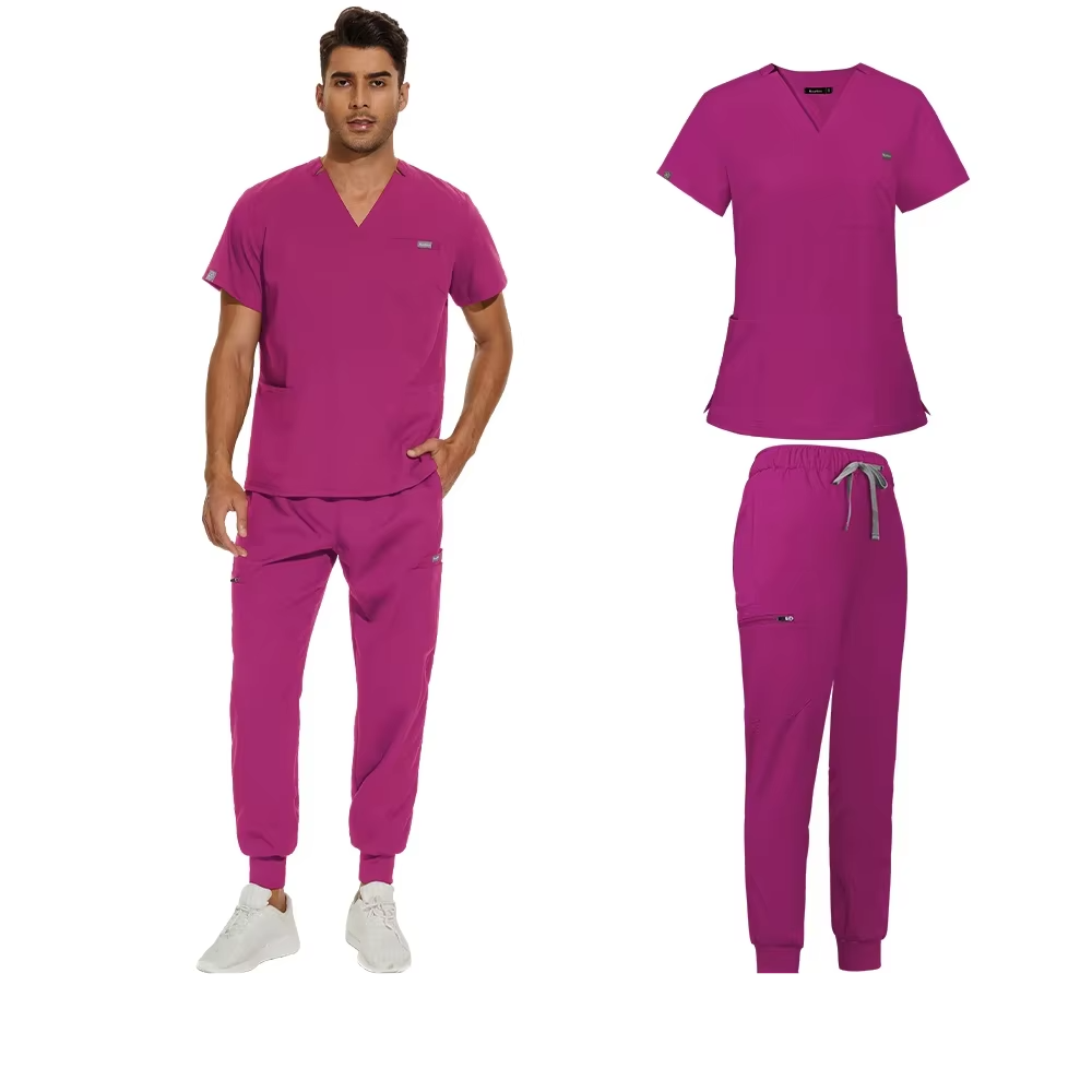 men's scrub set - v-neck scrub top & jogger-style pants rose red