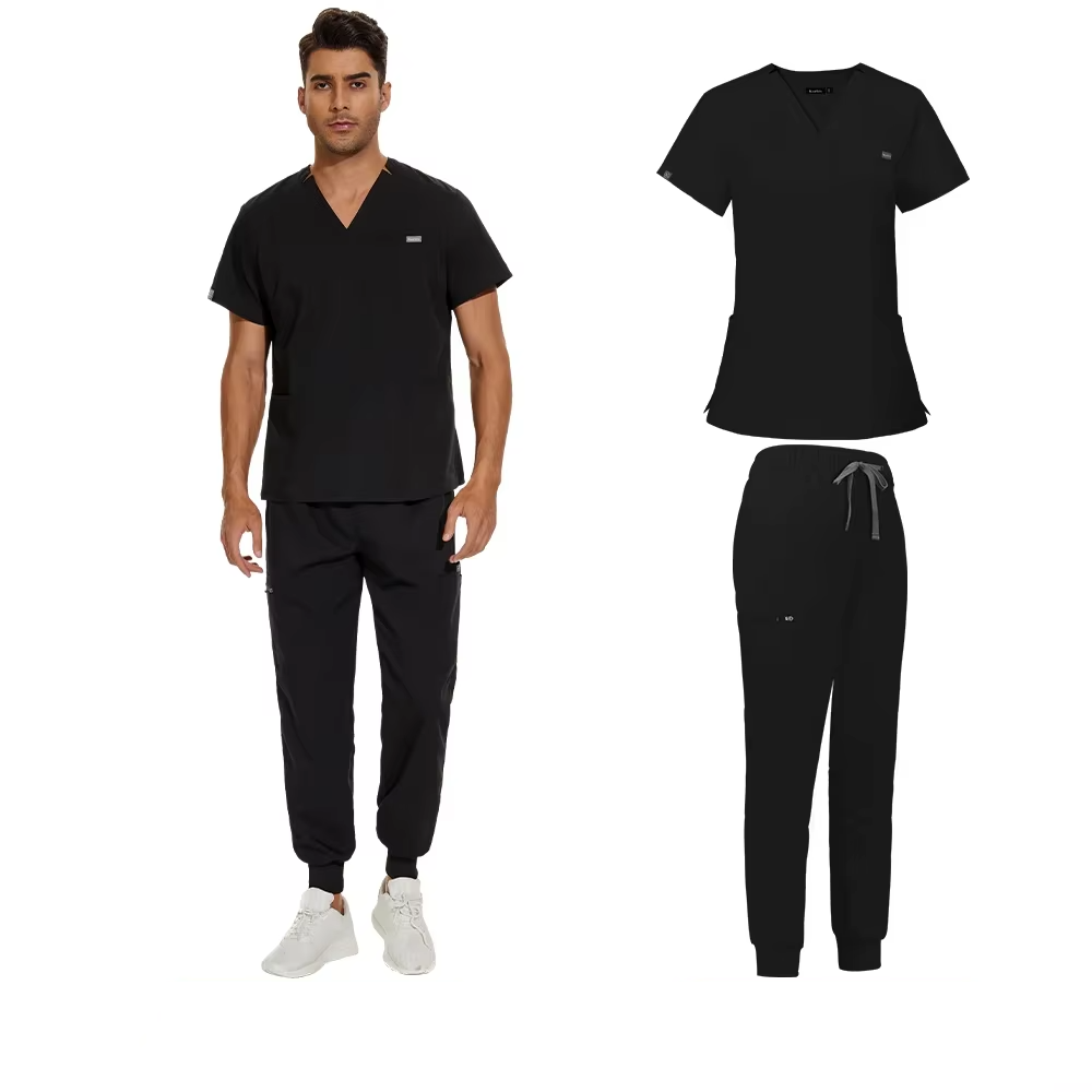 men's scrub set - v-neck scrub top & jogger-style pants black