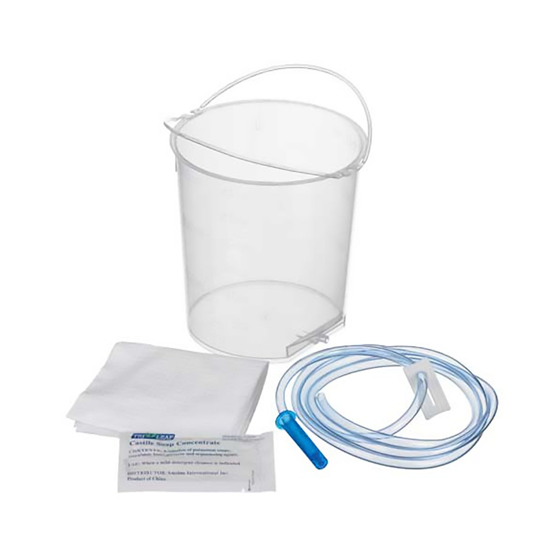 Bucket with handle, tubing with clamp, castille soap concentrate