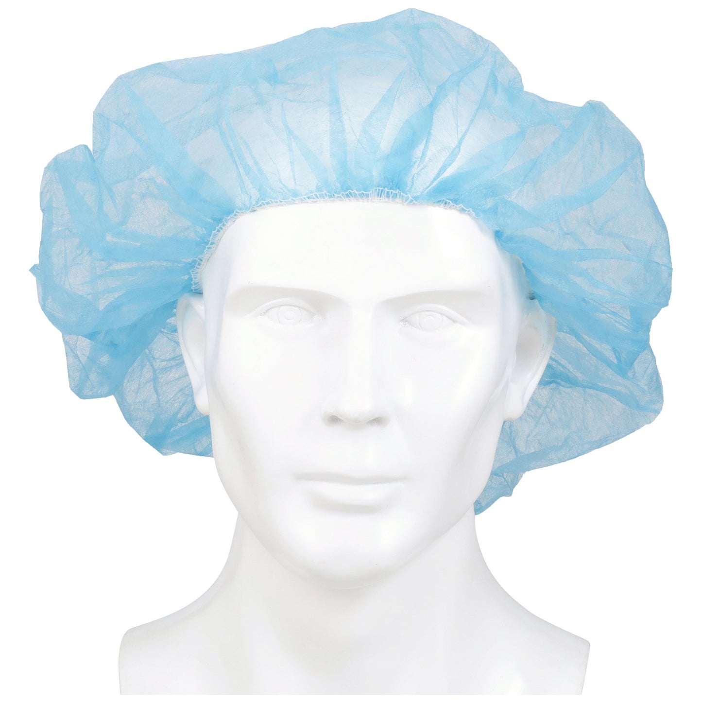 Blue disposable hairnet on a mannequin's head. Elastic band.