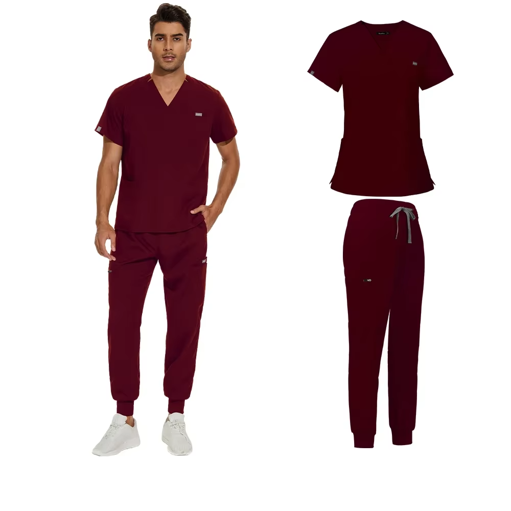 men's scrub set - v-neck scrub top & jogger-style pants burgundy