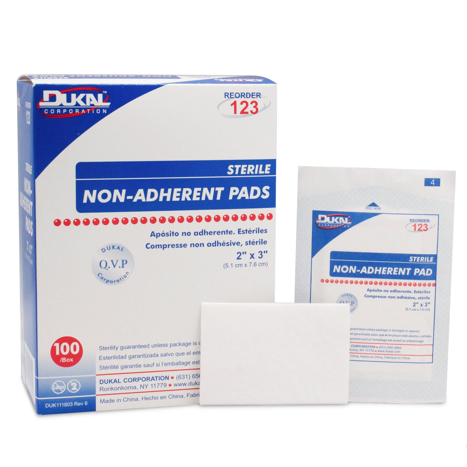 dukal non-adherent pad, white, 2" x 3". Sterile.