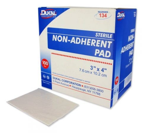 dukal non-adherent pad, white, 3" x 4". Sterile.