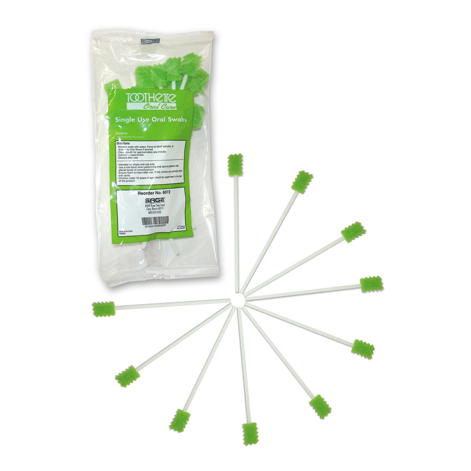 A pack of 10 unflavored toothette swabs. Next to swabs formed in a circle. Swab with green head with white handle.