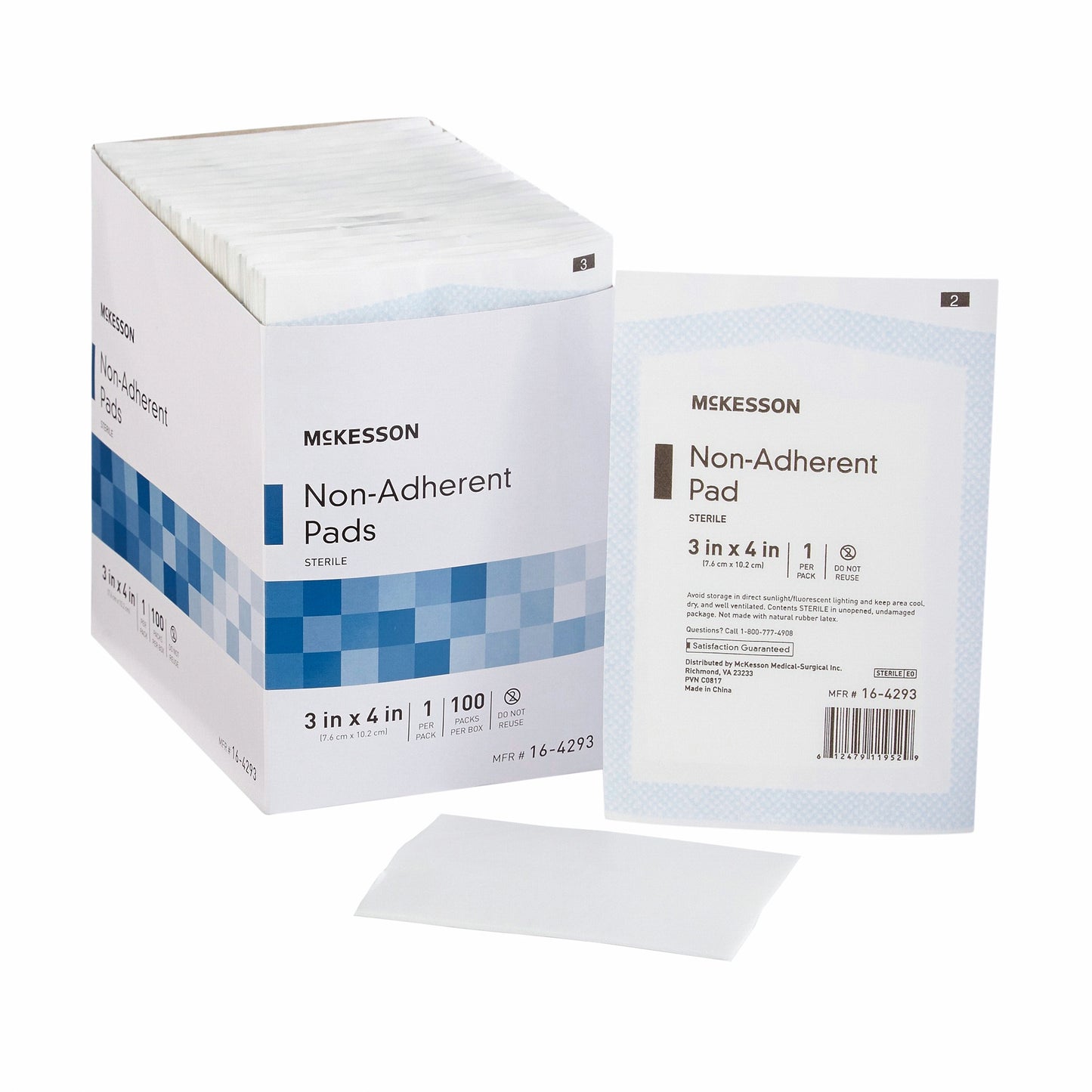 a box of mckesson non-adherent pads, 3 inch x 4 inch, white pad.