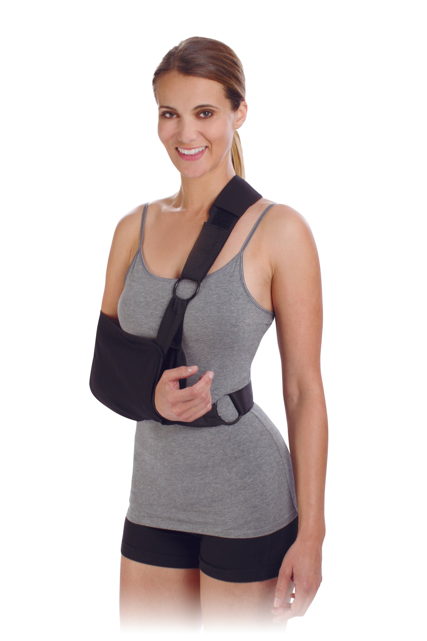 shoulder immobilizer on a model. black immobilizer on right arm with sling over left shoulder.